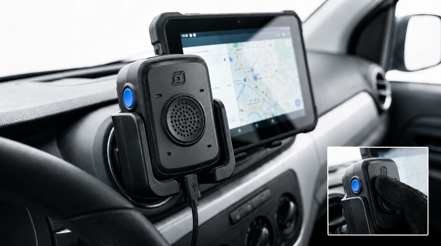 Approved radio-over-IP equipment installed beside an operational vehicle display