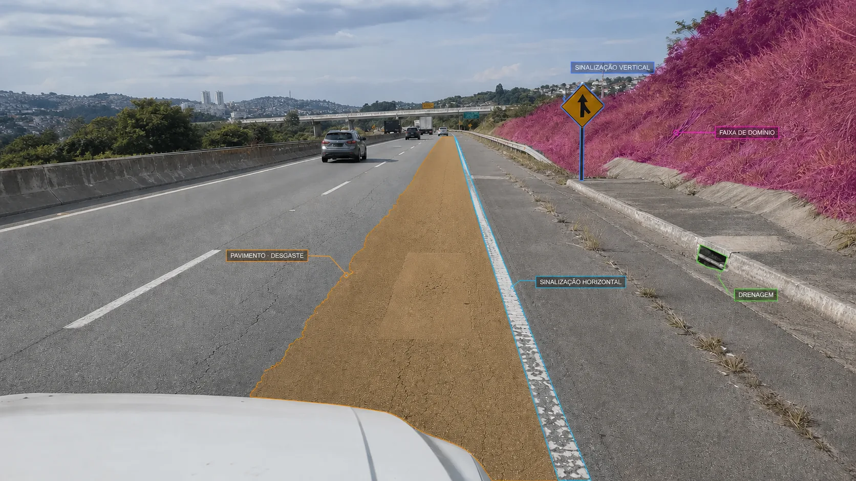 Approved road image with indications for pavement wear, lane marking, signage, right-of-way and drainage