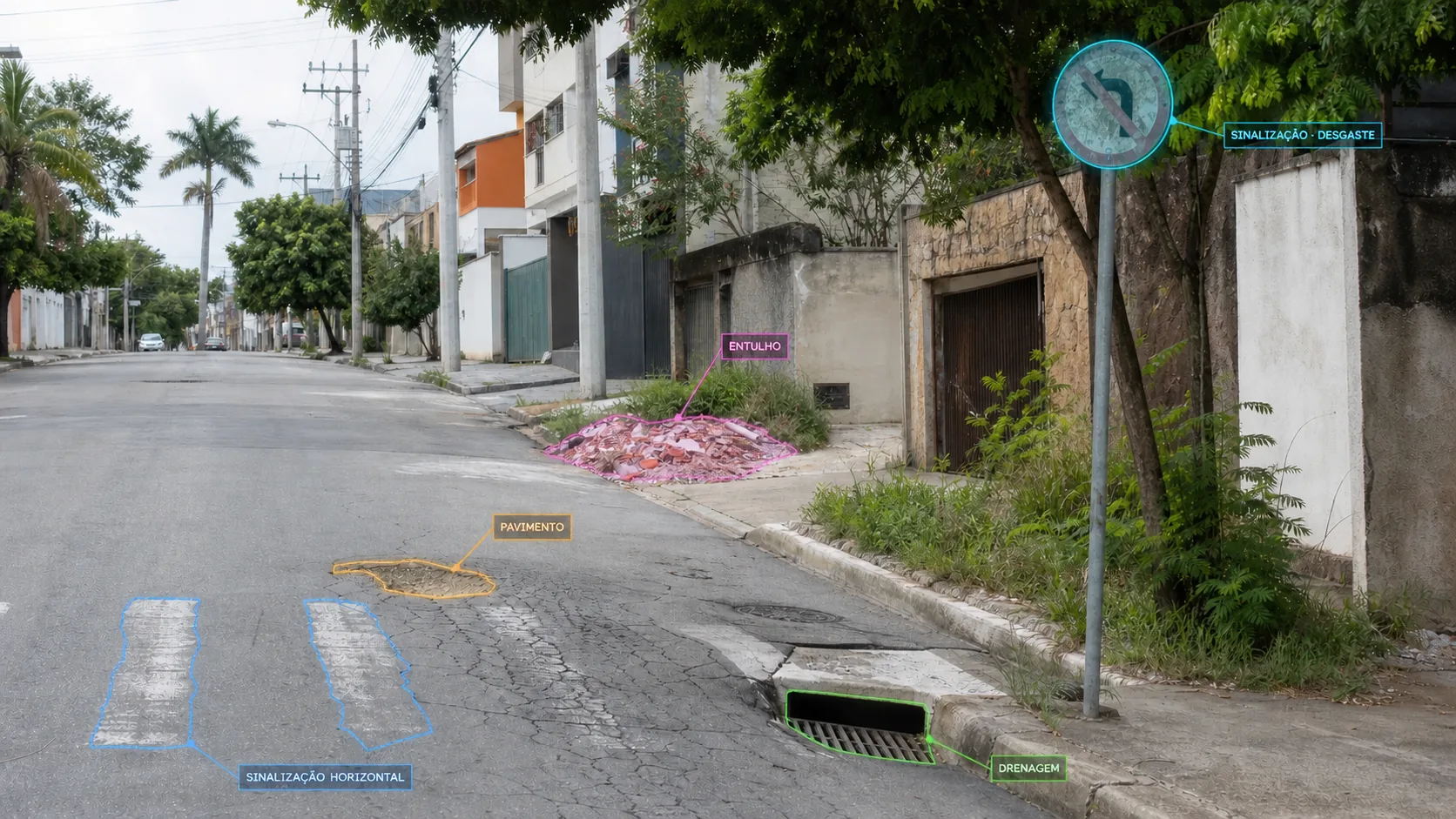 Approved urban street image with mapped indications for pavement, signage, debris and drainage