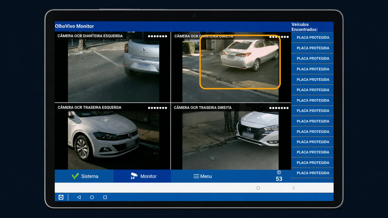 Approved Olho Vivo Monitor interface with four vehicle camera views and protected plate readings